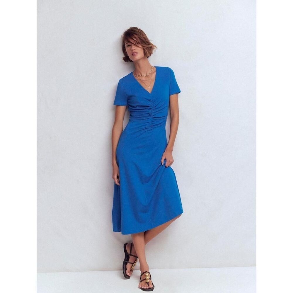 Boden Blue Una Ruched Front V-Neck Ponte Midi Dress Short Sleeve Size 12